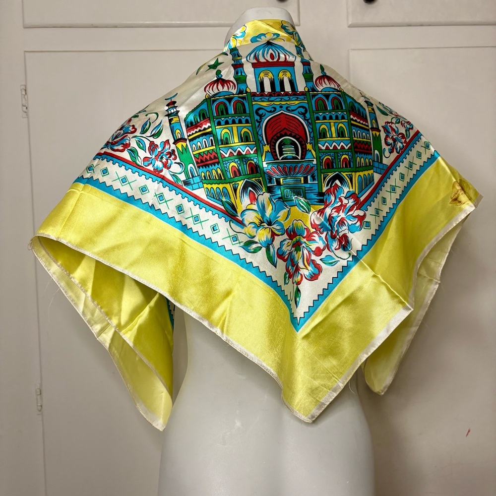 Vintage Middle Eastern Mosque Print Satin Square Souvenir Scarf